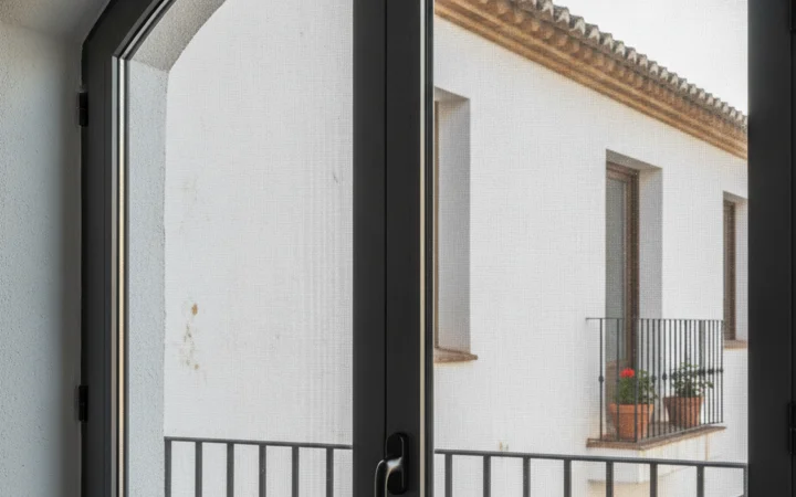 Mosquitera plisada instalada en una ventana de una vivienda de Granollers